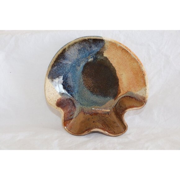 1980's Ceramic Trinket Dish Handmade Signed By Artist Unique Shape Blue Brown - Picture 2 of 6
